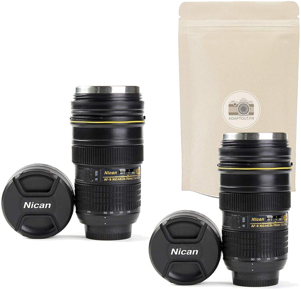 Lot de 2 MUG Bouteille Isotherme Type Objectif Nikon 24 70 Tasse Pot à Crayon Appareil Photo - ADAPTOUT Marque FRANÇAISE